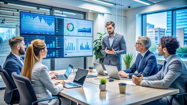Business people analyzing data large screens modern office 9975 22823