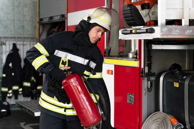 Male firefighter station equipped with suit safety helmet 23