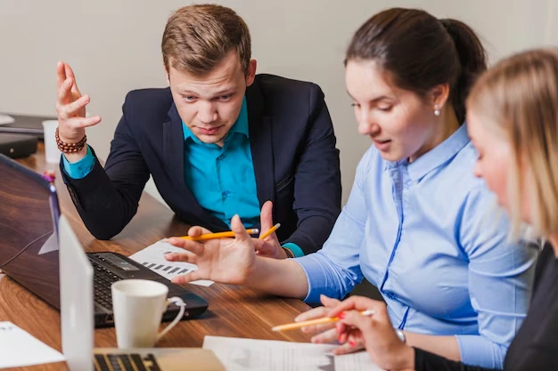 Office employees sitting desk talking 23